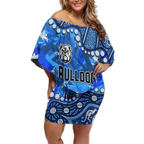 Personalized Canterbury-Bankstown Bulldogs Family Matching Off Shoulder Short Dress and Hawaiian Shirt Aboriginal Pattern with Graffiti Style Design
