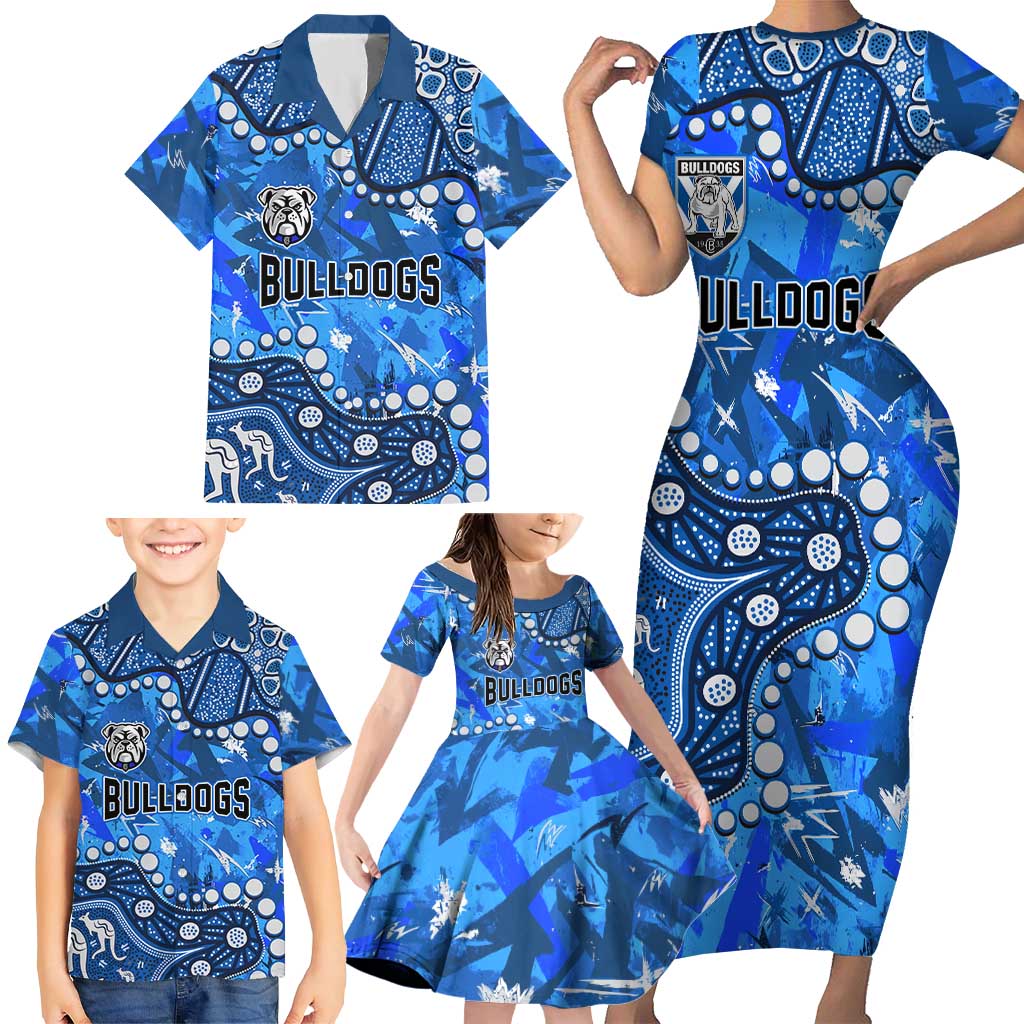 Personalized Canterbury-Bankstown Bulldogs Family Matching Short Sleeve Bodycon Dress and Hawaiian Shirt Aboriginal Pattern with Graffiti Style Design