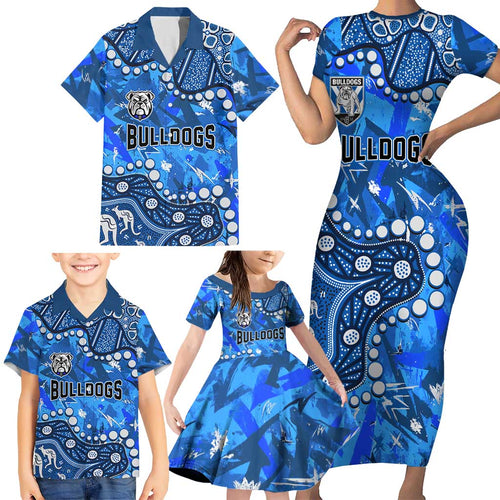 Personalized Canterbury-Bankstown Bulldogs Family Matching Short Sleeve Bodycon Dress and Hawaiian Shirt Aboriginal Pattern with Graffiti Style Design