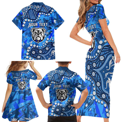 Personalized Canterbury-Bankstown Bulldogs Family Matching Short Sleeve Bodycon Dress and Hawaiian Shirt Aboriginal Pattern with Graffiti Style Design