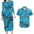 Personalized Cronulla-Sutherland Sharks Couples Matching Long Sleeve Bodycon Dress and Hawaiian Shirt Aboriginal Pattern with Graffiti Style Design