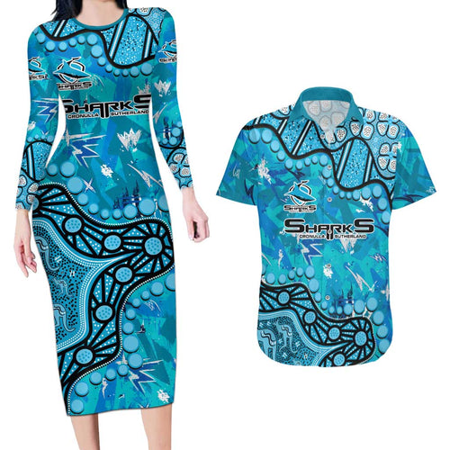 Personalized Cronulla-Sutherland Sharks Couples Matching Long Sleeve Bodycon Dress and Hawaiian Shirt Aboriginal Pattern with Graffiti Style Design