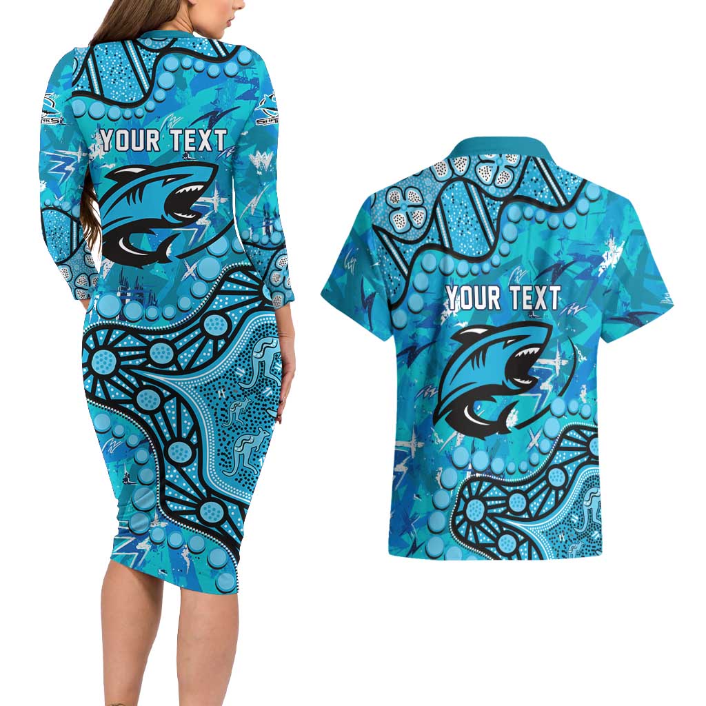 Personalized Cronulla-Sutherland Sharks Couples Matching Long Sleeve Bodycon Dress and Hawaiian Shirt Aboriginal Pattern with Graffiti Style Design