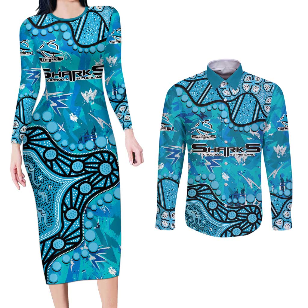 Personalized Cronulla-Sutherland Sharks Couples Matching Long Sleeve Bodycon Dress and Long Sleeve Button Shirt Aboriginal Pattern with Graffiti Style Design