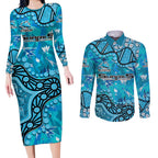 Personalized Cronulla-Sutherland Sharks Couples Matching Long Sleeve Bodycon Dress and Long Sleeve Button Shirt Aboriginal Pattern with Graffiti Style Design