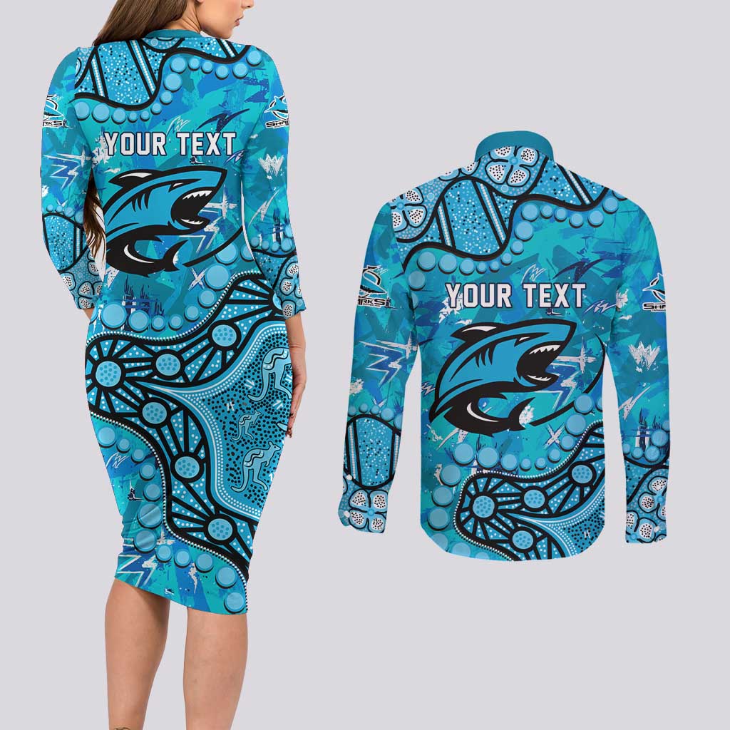 Personalized Cronulla-Sutherland Sharks Couples Matching Long Sleeve Bodycon Dress and Long Sleeve Button Shirt Aboriginal Pattern with Graffiti Style Design