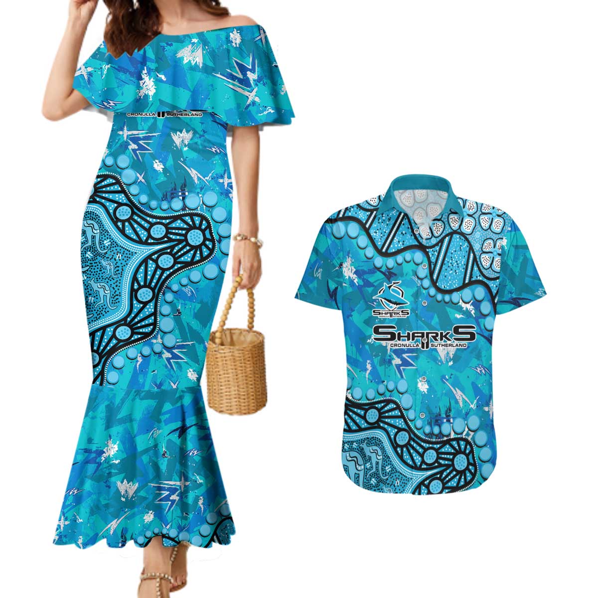 Personalized Cronulla-Sutherland Sharks Couples Matching Mermaid Dress and Hawaiian Shirt Aboriginal Pattern with Graffiti Style Design