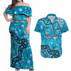 Personalized Cronulla-Sutherland Sharks Couples Matching Off Shoulder Maxi Dress and Hawaiian Shirt Aboriginal Pattern with Graffiti Style Design