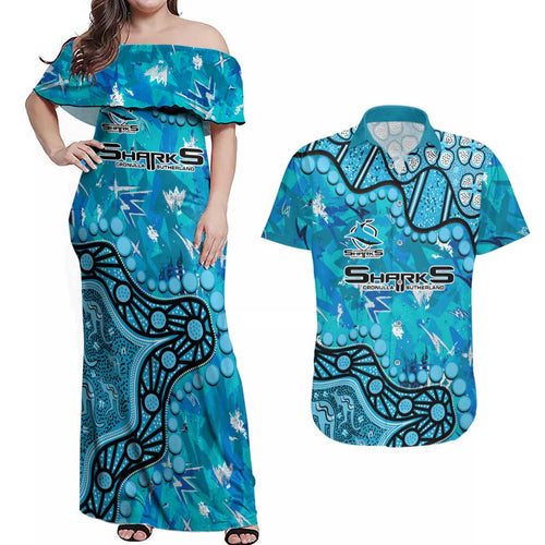Personalized Cronulla-Sutherland Sharks Couples Matching Off Shoulder Maxi Dress and Hawaiian Shirt Aboriginal Pattern with Graffiti Style Design