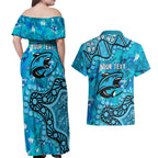 Personalized Cronulla-Sutherland Sharks Couples Matching Off Shoulder Maxi Dress and Hawaiian Shirt Aboriginal Pattern with Graffiti Style Design