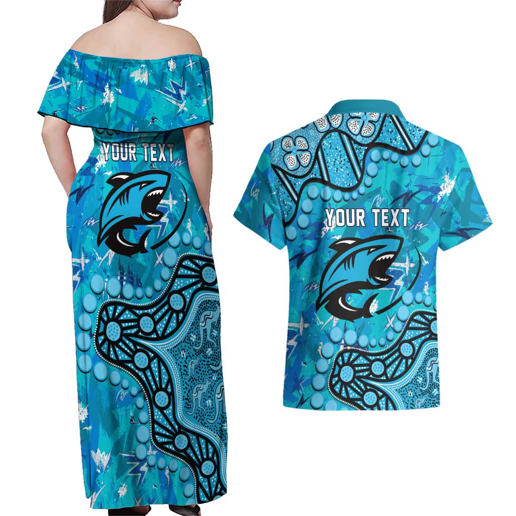 Personalized Cronulla-Sutherland Sharks Couples Matching Off Shoulder Maxi Dress and Hawaiian Shirt Aboriginal Pattern with Graffiti Style Design