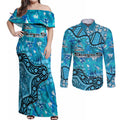 Personalized Cronulla-Sutherland Sharks Couples Matching Off Shoulder Maxi Dress and Long Sleeve Button Shirt Aboriginal Pattern with Graffiti Style Design