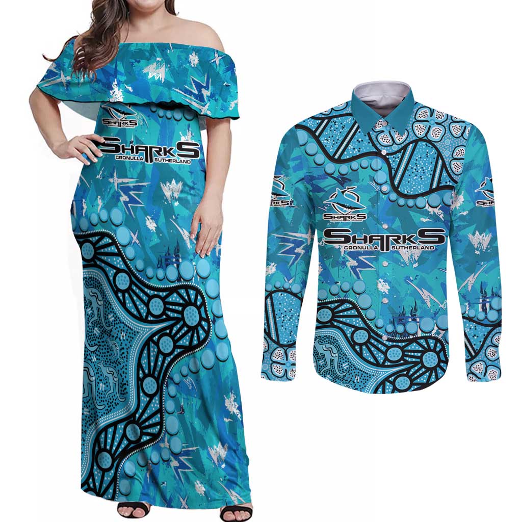 Personalized Cronulla-Sutherland Sharks Couples Matching Off Shoulder Maxi Dress and Long Sleeve Button Shirt Aboriginal Pattern with Graffiti Style Design