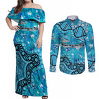 Personalized Cronulla-Sutherland Sharks Couples Matching Off Shoulder Maxi Dress and Long Sleeve Button Shirt Aboriginal Pattern with Graffiti Style Design