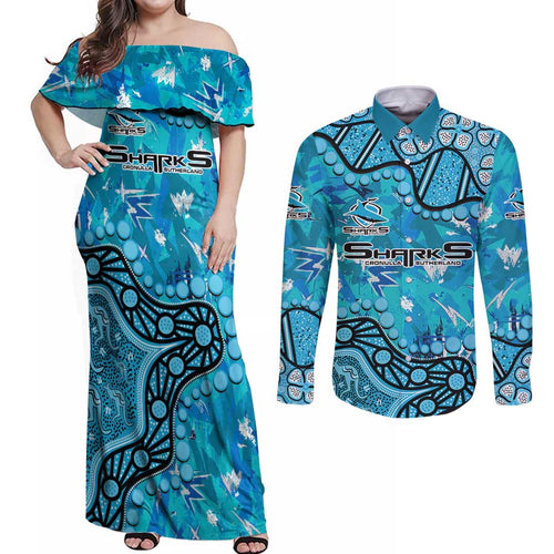 Personalized Cronulla-Sutherland Sharks Couples Matching Off Shoulder Maxi Dress and Long Sleeve Button Shirt Aboriginal Pattern with Graffiti Style Design