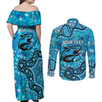 Personalized Cronulla-Sutherland Sharks Couples Matching Off Shoulder Maxi Dress and Long Sleeve Button Shirt Aboriginal Pattern with Graffiti Style Design