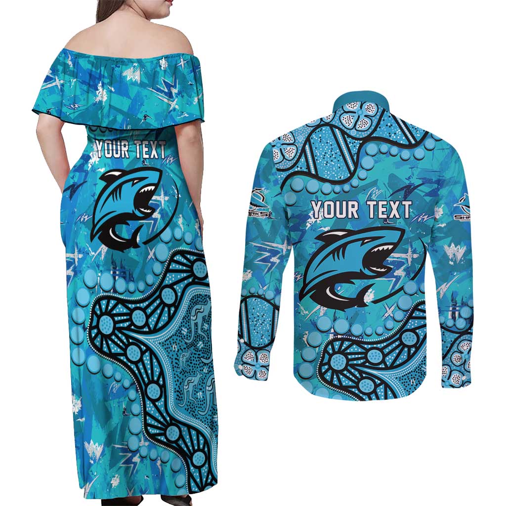 Personalized Cronulla-Sutherland Sharks Couples Matching Off Shoulder Maxi Dress and Long Sleeve Button Shirt Aboriginal Pattern with Graffiti Style Design