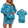 Personalized Cronulla-Sutherland Sharks Couples Matching Off Shoulder Short Dress and Hawaiian Shirt Aboriginal Pattern with Graffiti Style Design