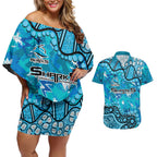 Personalized Cronulla-Sutherland Sharks Couples Matching Off Shoulder Short Dress and Hawaiian Shirt Aboriginal Pattern with Graffiti Style Design