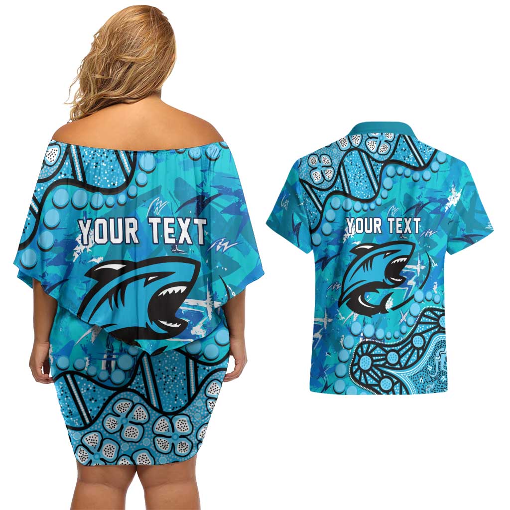 Personalized Cronulla-Sutherland Sharks Couples Matching Off Shoulder Short Dress and Hawaiian Shirt Aboriginal Pattern with Graffiti Style Design