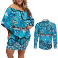 Personalized Cronulla-Sutherland Sharks Couples Matching Off Shoulder Short Dress and Long Sleeve Button Shirt Aboriginal Pattern with Graffiti Style Design