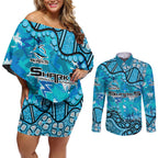 Personalized Cronulla-Sutherland Sharks Couples Matching Off Shoulder Short Dress and Long Sleeve Button Shirt Aboriginal Pattern with Graffiti Style Design