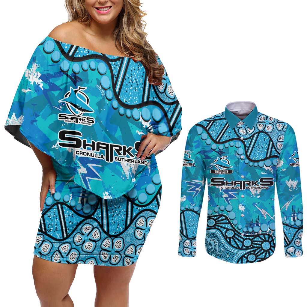 Personalized Cronulla-Sutherland Sharks Couples Matching Off Shoulder Short Dress and Long Sleeve Button Shirt Aboriginal Pattern with Graffiti Style Design