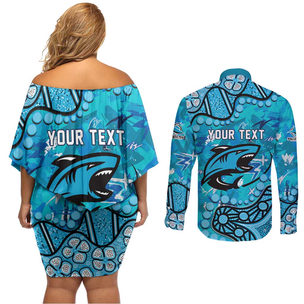 Personalized Cronulla-Sutherland Sharks Couples Matching Off Shoulder Short Dress and Long Sleeve Button Shirt Aboriginal Pattern with Graffiti Style Design