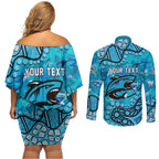 Personalized Cronulla-Sutherland Sharks Couples Matching Off Shoulder Short Dress and Long Sleeve Button Shirt Aboriginal Pattern with Graffiti Style Design
