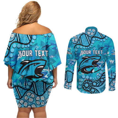 Personalized Cronulla-Sutherland Sharks Couples Matching Off Shoulder Short Dress and Long Sleeve Button Shirt Aboriginal Pattern with Graffiti Style Design