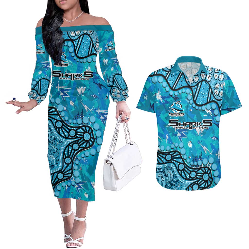 Personalized Cronulla-Sutherland Sharks Couples Matching Off The Shoulder Long Sleeve Dress and Hawaiian Shirt Aboriginal Pattern with Graffiti Style Design