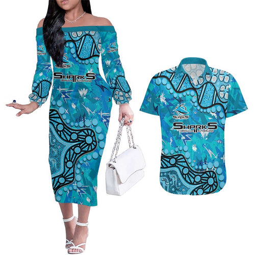 Personalized Cronulla-Sutherland Sharks Couples Matching Off The Shoulder Long Sleeve Dress and Hawaiian Shirt Aboriginal Pattern with Graffiti Style Design