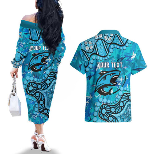 Personalized Cronulla-Sutherland Sharks Couples Matching Off The Shoulder Long Sleeve Dress and Hawaiian Shirt Aboriginal Pattern with Graffiti Style Design
