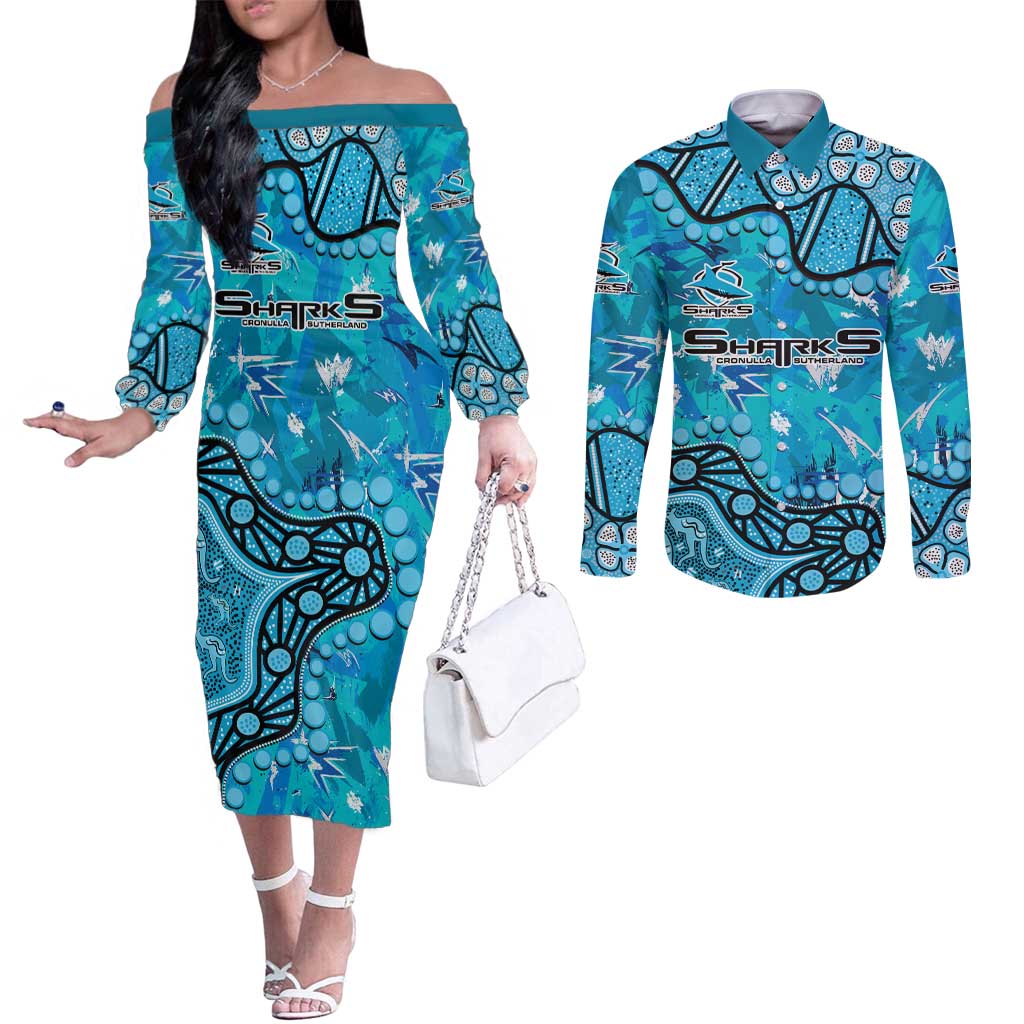 Personalized Cronulla-Sutherland Sharks Couples Matching Off The Shoulder Long Sleeve Dress and Long Sleeve Button Shirt Aboriginal Pattern with Graffiti Style Design