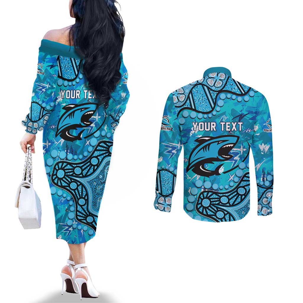 Personalized Cronulla-Sutherland Sharks Couples Matching Off The Shoulder Long Sleeve Dress and Long Sleeve Button Shirt Aboriginal Pattern with Graffiti Style Design