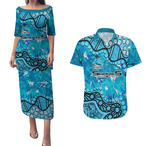 Personalized Cronulla-Sutherland Sharks Couples Matching Puletasi and Hawaiian Shirt Aboriginal Pattern with Graffiti Style Design