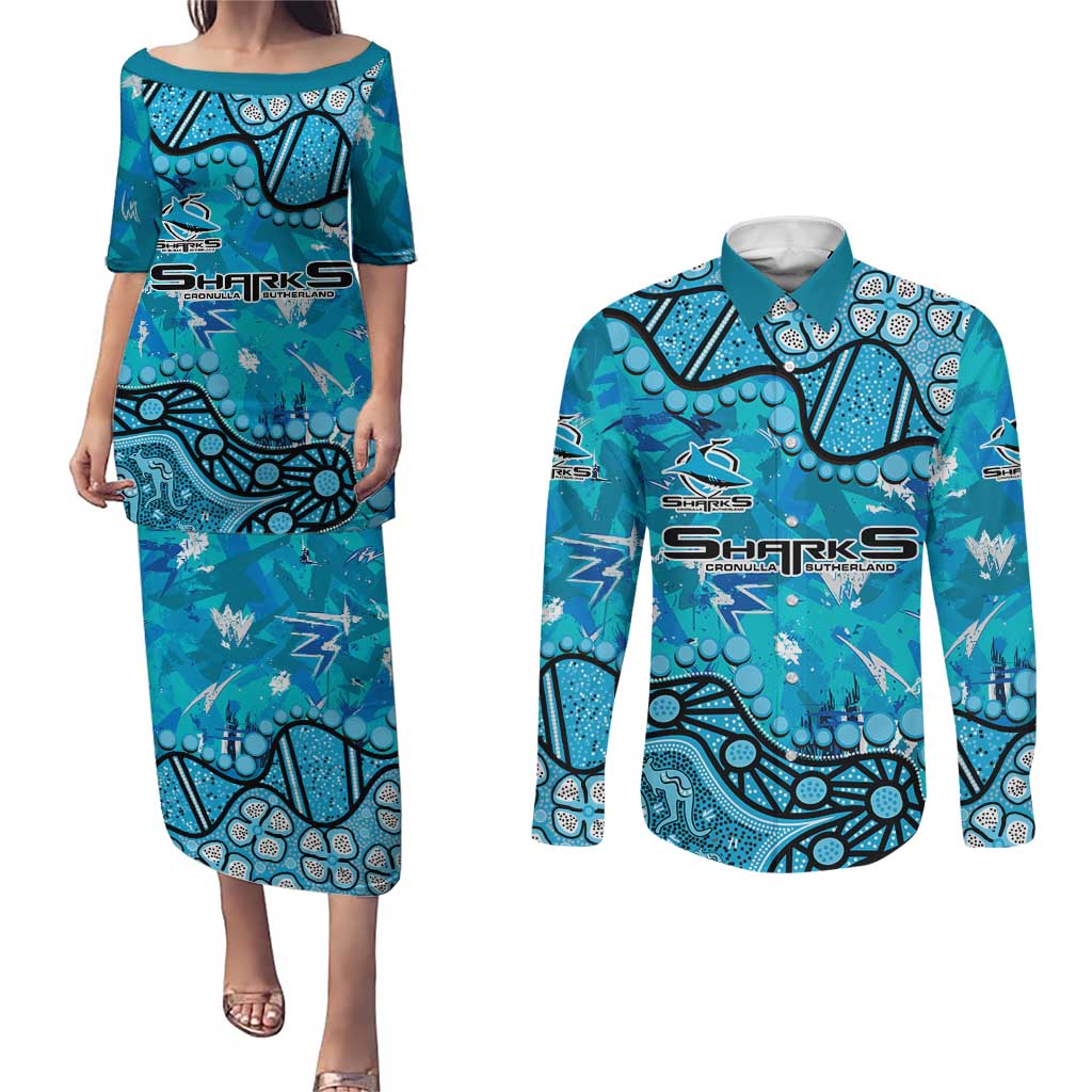 Personalized Cronulla-Sutherland Sharks Couples Matching Puletasi and Long Sleeve Button Shirt Aboriginal Pattern with Graffiti Style Design