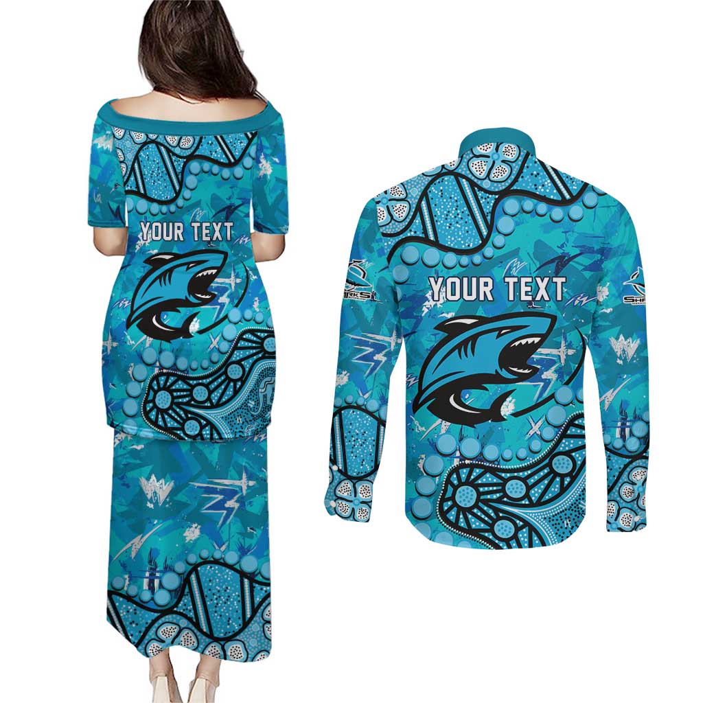 Personalized Cronulla-Sutherland Sharks Couples Matching Puletasi and Long Sleeve Button Shirt Aboriginal Pattern with Graffiti Style Design
