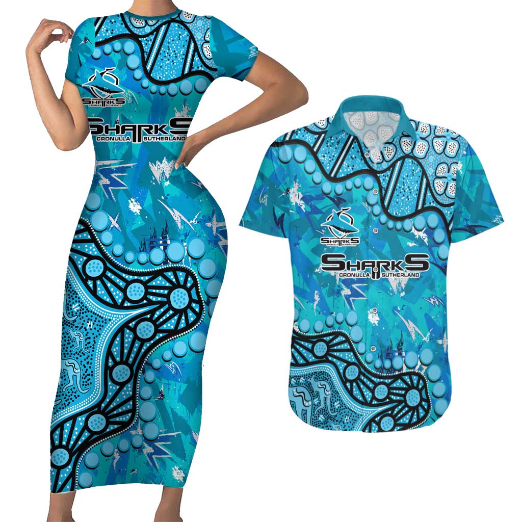 Personalized Cronulla-Sutherland Sharks Couples Matching Short Sleeve Bodycon Dress and Hawaiian Shirt Aboriginal Pattern with Graffiti Style Design
