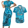 Personalized Cronulla-Sutherland Sharks Couples Matching Short Sleeve Bodycon Dress and Hawaiian Shirt Aboriginal Pattern with Graffiti Style Design