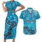 Personalized Cronulla-Sutherland Sharks Couples Matching Short Sleeve Bodycon Dress and Hawaiian Shirt Aboriginal Pattern with Graffiti Style Design