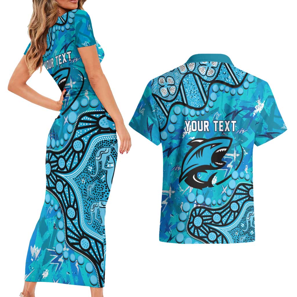 Personalized Cronulla-Sutherland Sharks Couples Matching Short Sleeve Bodycon Dress and Hawaiian Shirt Aboriginal Pattern with Graffiti Style Design