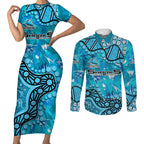 Personalized Cronulla-Sutherland Sharks Couples Matching Short Sleeve Bodycon Dress and Long Sleeve Button Shirt Aboriginal Pattern with Graffiti Style Design