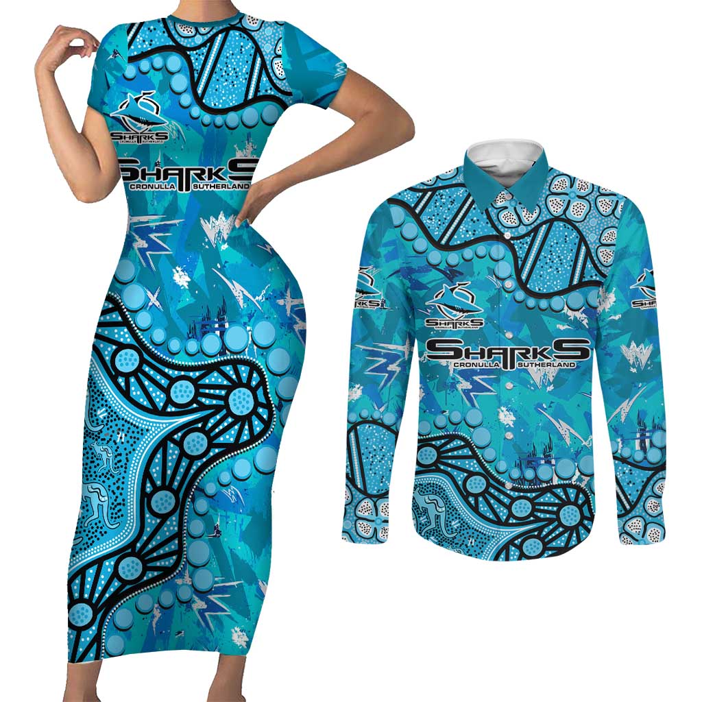 Personalized Cronulla-Sutherland Sharks Couples Matching Short Sleeve Bodycon Dress and Long Sleeve Button Shirt Aboriginal Pattern with Graffiti Style Design