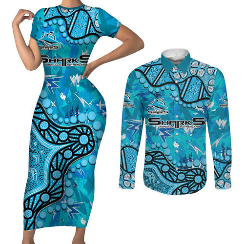 Personalized Cronulla-Sutherland Sharks Couples Matching Short Sleeve Bodycon Dress and Long Sleeve Button Shirt Aboriginal Pattern with Graffiti Style Design