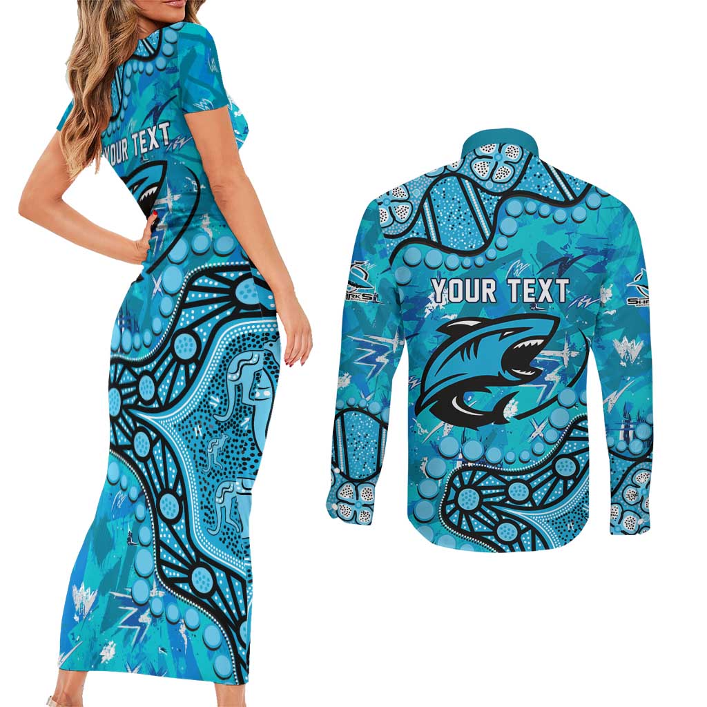 Personalized Cronulla-Sutherland Sharks Couples Matching Short Sleeve Bodycon Dress and Long Sleeve Button Shirt Aboriginal Pattern with Graffiti Style Design