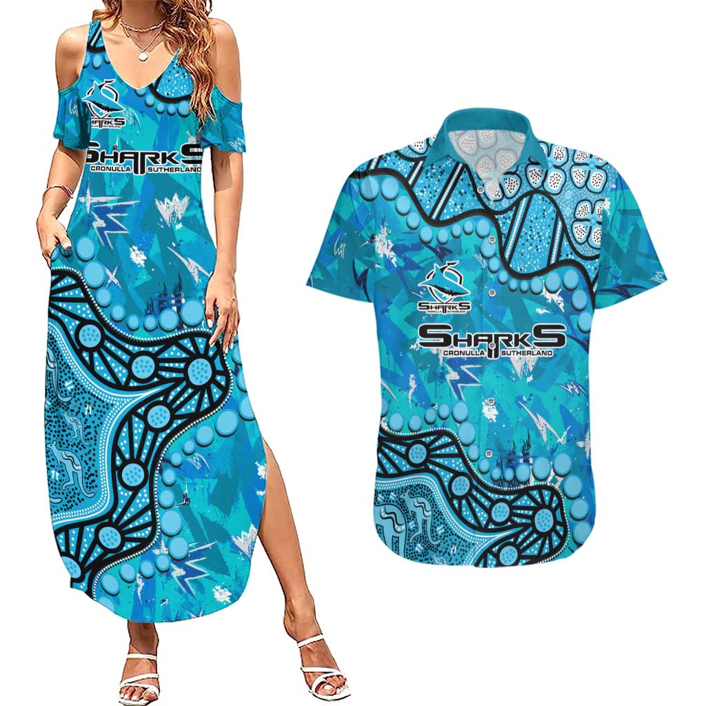 Personalized Cronulla-Sutherland Sharks Couples Matching Summer Maxi Dress and Hawaiian Shirt Aboriginal Pattern with Graffiti Style Design