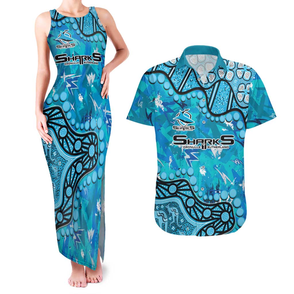 Personalized Cronulla-Sutherland Sharks Couples Matching Tank Maxi Dress and Hawaiian Shirt Aboriginal Pattern with Graffiti Style Design