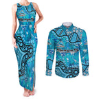 Personalized Cronulla-Sutherland Sharks Couples Matching Tank Maxi Dress and Long Sleeve Button Shirt Aboriginal Pattern with Graffiti Style Design
