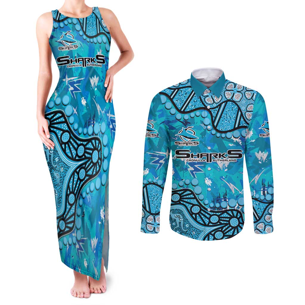 Personalized Cronulla-Sutherland Sharks Couples Matching Tank Maxi Dress and Long Sleeve Button Shirt Aboriginal Pattern with Graffiti Style Design